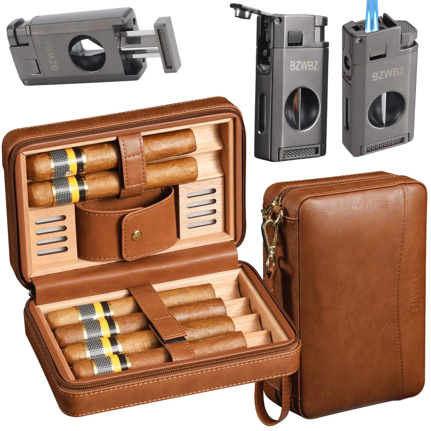 Travel Cigar Humidors Cigar Cutter and Lighter Set Natural Cedar Wood Lined