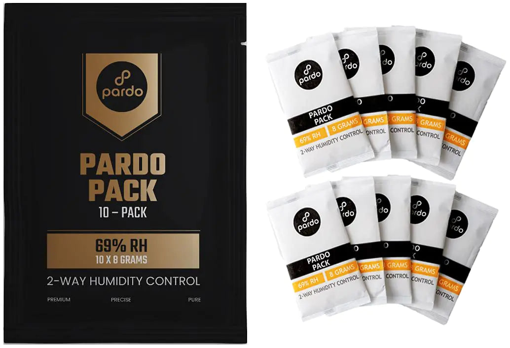 Pardo Humidity Packs 10 Pcs x 8 Grams - Humidor Packets 69% RH 2-Way for Humidity Control Moisture Packs to Keep Cigars Fresh for Long; 2 Way Humidity Control Packs in Resealable Bag